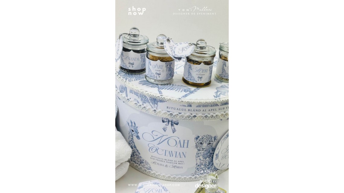 Set prima băiță Safari Blue personalizat băiat ritual după botez cu nașii 9